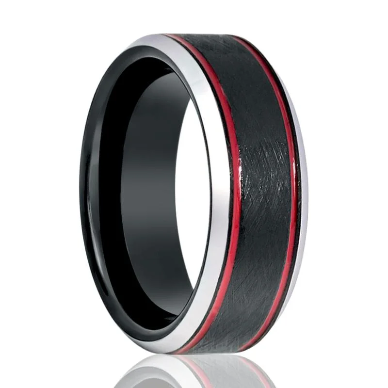 Women’s friendship ring-BELARIO | Black Tungsten Ring, Double Red Groove, Beveled