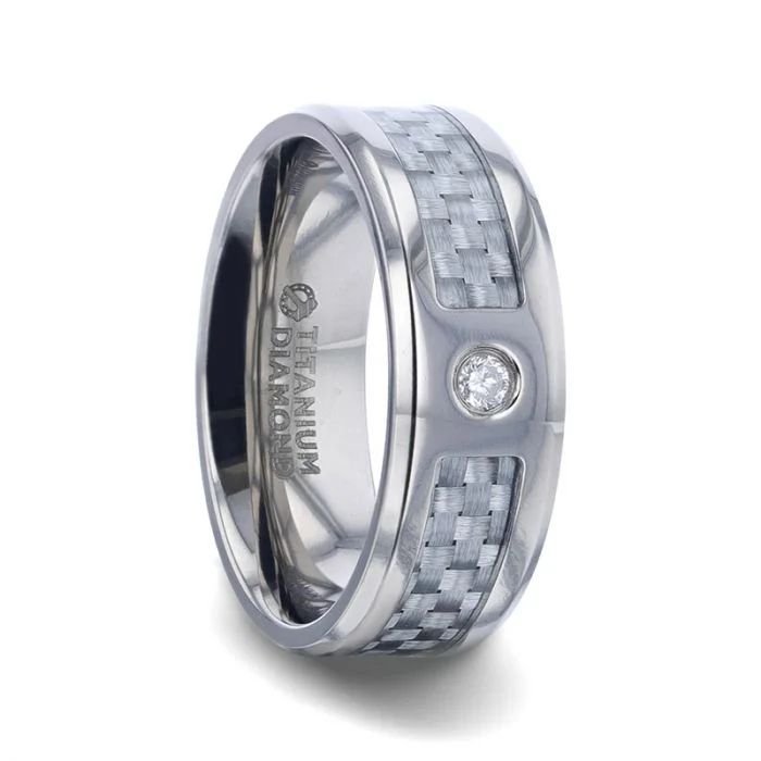 Women’s engagement rings with black diamonds-Titanium Men's Wedding Band with Gray Carbon Fiber Inlay & Diamond