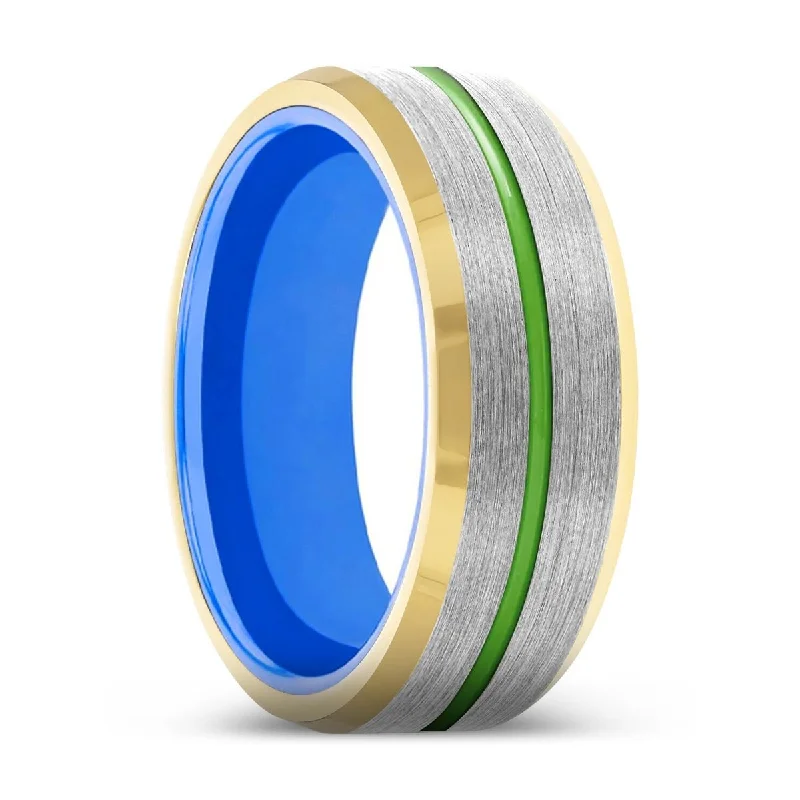 Women’s hammered gold ring-WARDEN | Blue Ring, Silver Tungsten Ring, Green Groove, Gold Beveled Edge