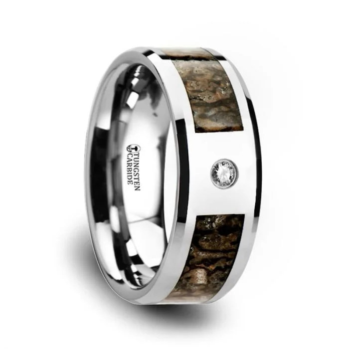 Women’s engagement rings with intricate details-Tungsten Men's Wedding Band with Brown Dinosaur Bone Inlay & Diamond