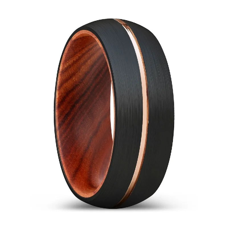 Women’s hand-crafted ring-WOODY | IRON Wood, Black Tungsten Ring, Rose Gold Groove, Domed