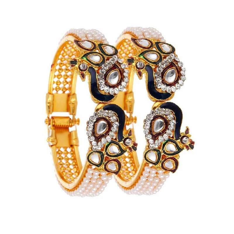 Women’s colorful bracelet-Gold-Plated Alloy Peacock Shape Enamel And Pearl Bangle Set - The Pari