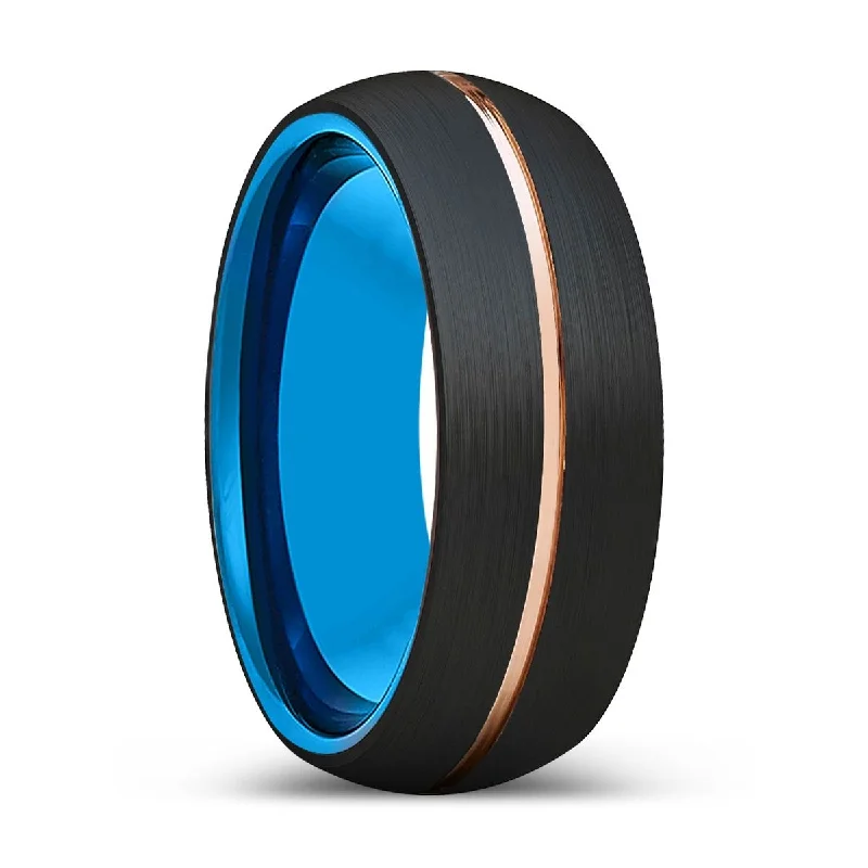 Women’s intricate design ring-STREAM | Blue Tungsten Ring, Black Tungsten Ring, Rose Gold Groove, Domed