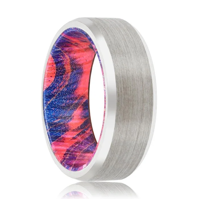 Women’s adjustable band ring-DAZZLE | Blue & Red Wood, Silver Tungsten Ring, Brushed, Beveled