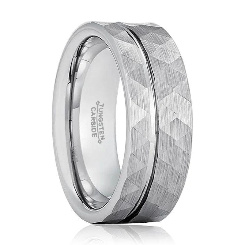 Women’s bridal ring-ROCCO | Silver Tungsten Ring, Hammered, Off-Center Groove, Flat