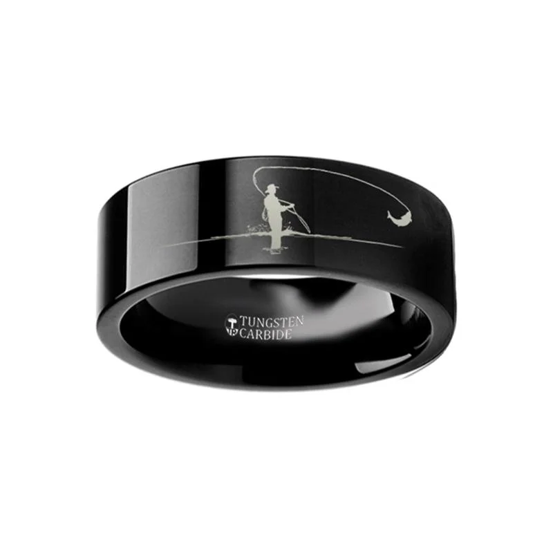 Women’s wide silver ring-Fly Fishing Fishermen Print Engraved Black Tungsten Wedding Band for Men and Women - 4MM - 12MM