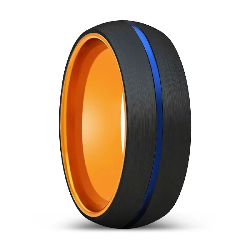 Women’s side-stone ring-RUTILO | Orange Ring, Black Tungsten Ring, Blue Groove, Domed