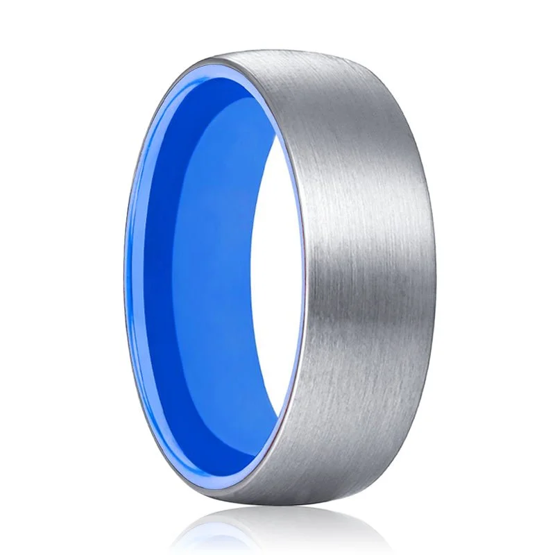 Women’s bridal ring-SONIC | Blue Ring, Silver Tungsten Ring, Brushed, Domed