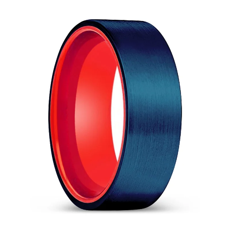 Women’s antique ring-THEO | Red Ring, Blue Tungsten Ring, Brushed, Flat