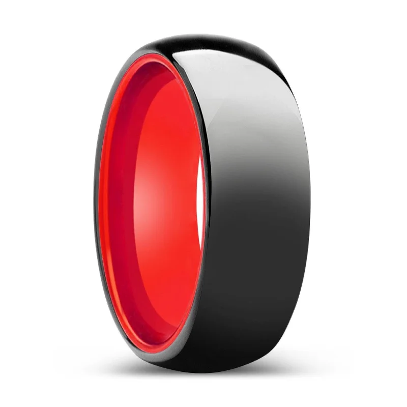 Women’s oval ring-LUMINATE | Red Ring, Black Tungsten Ring, Shiny, Domed