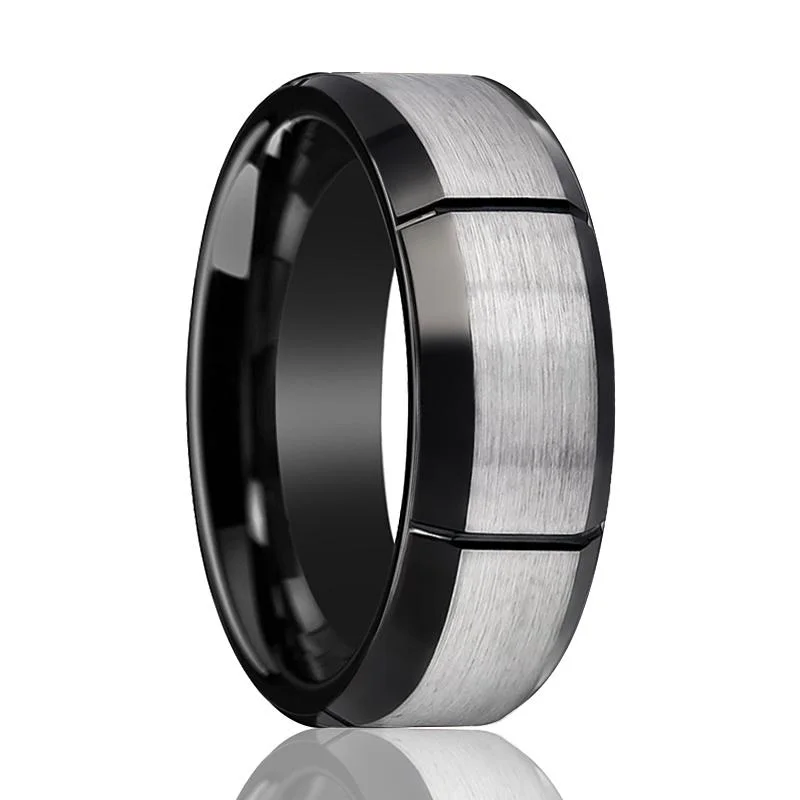 Women’s gemstone ring-Two Tone Tungsten Men's Pinky Ring with Multiple Brushed Vertical Grooves Beveled Edges - 8MM