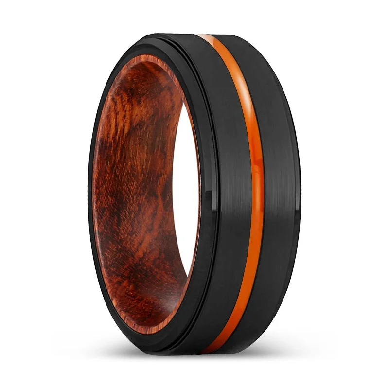 Women’s stackable rings-KITCHENER | Snake Wood, Black Tungsten Ring, Orange Groove, Stepped Edge