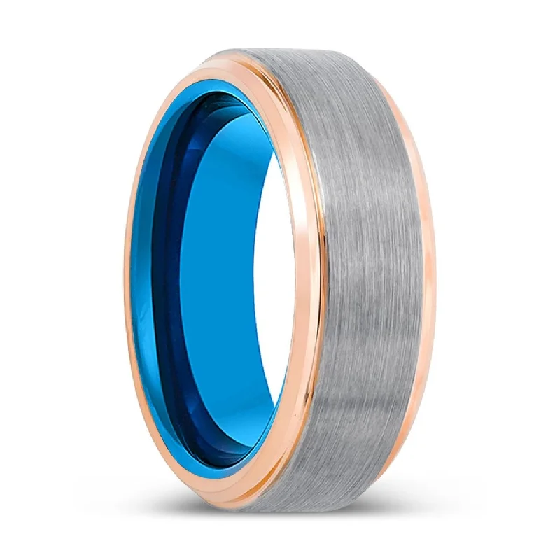 Women’s cushion-cut ring-INFILTRATOR | Blue Tungsten Ring, Silver Tungsten Ring, Brushed, Rose Gold Stepped Edge