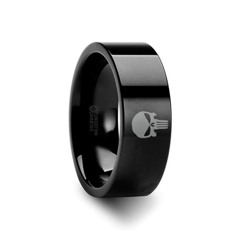 Women’s platinum ring-Punisher Symbol Super Hero Black Tungsten Engraved Ring Jewelry - 10mm -12mm