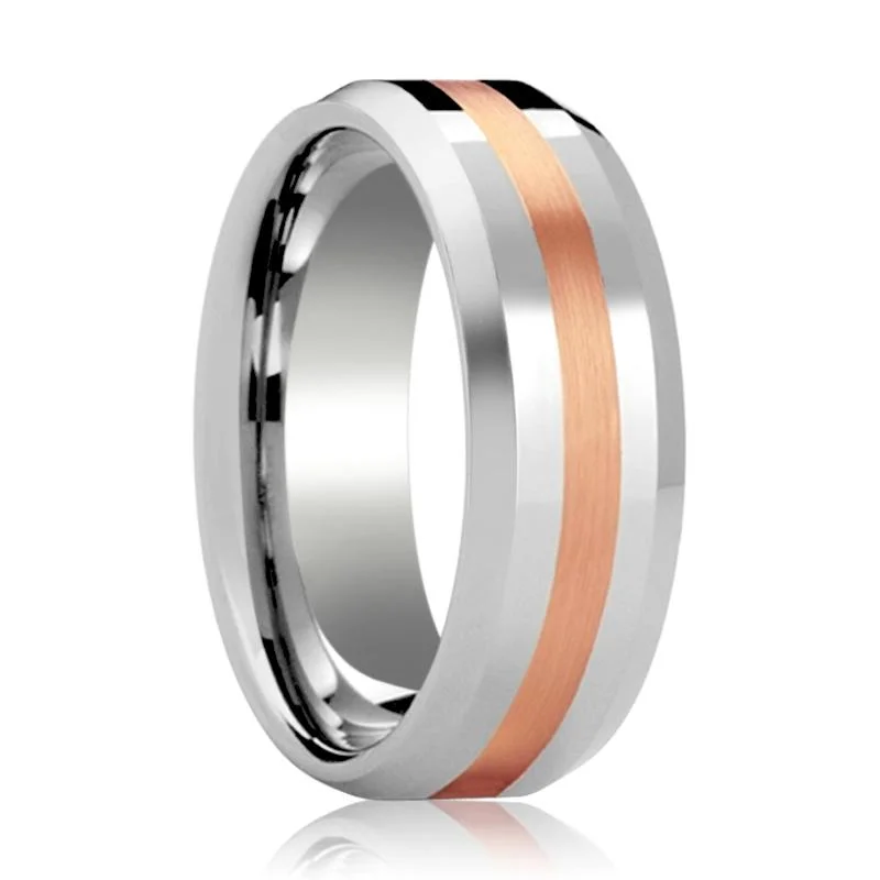 Women’s wedding band-CHIRON | Silver Tungsten Ring, 14k Rose Gold Stripe Inlay, Beveled