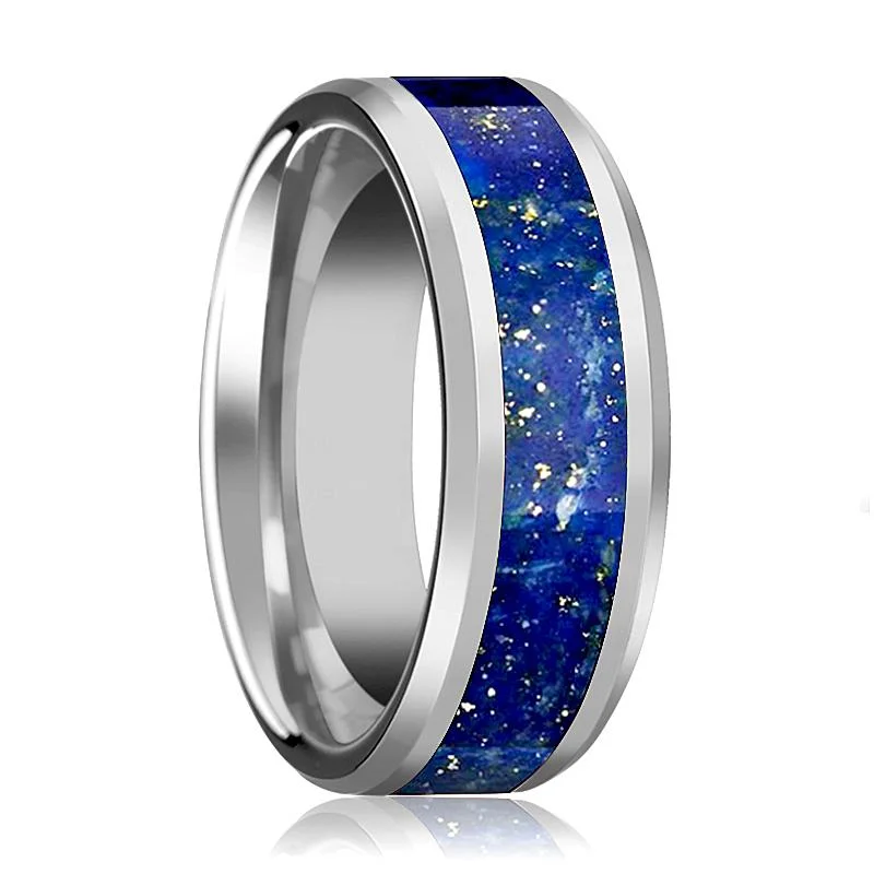 Women’s modern ring-OSIAS | Tungsten Ring, Blue Lapis Inlay, Beveled