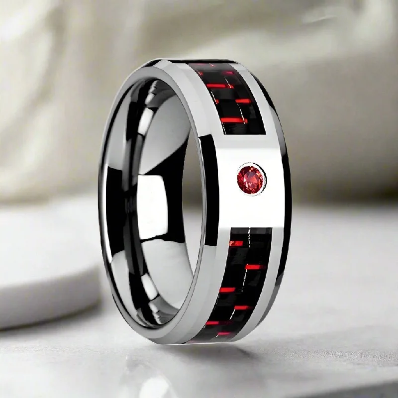 Women’s eternity band-ADRIAN | Silver Tungsten Ring, Red Ruby Stone, Red & Black Carbon Fiber Inlay, Beveled