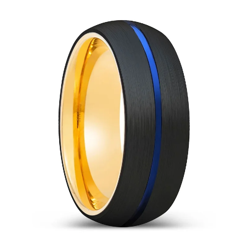 Women’s oval ring-JUNIPER | Gold Ring, Black Tungsten Ring, Blue Groove, Domed