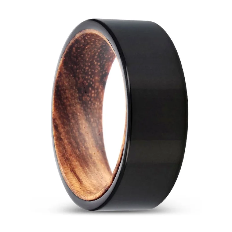 Women’s birthstone ring-ZENON | Zebra Wood, Black Tungsten Ring, Shiny, Flat