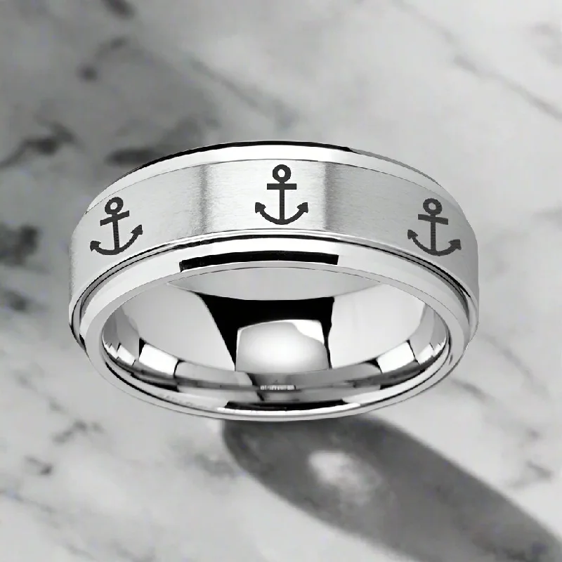 Women’s silver gemstone ring-NAVIGATOR | Silver Tungsten Ring, Fidget Spinner, Laser Engraved Anchor, Beveled