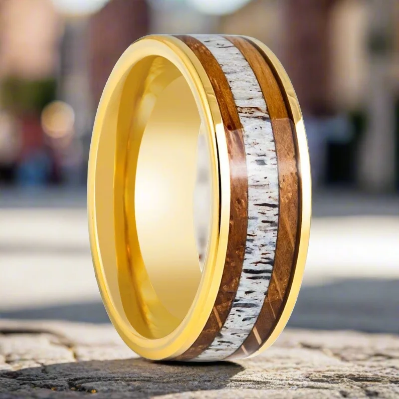 Women’s simple gold ring-OAKRIDGE | Yellow Tungsten Ring, Whiskey Barrel & Deer Antler Inlay