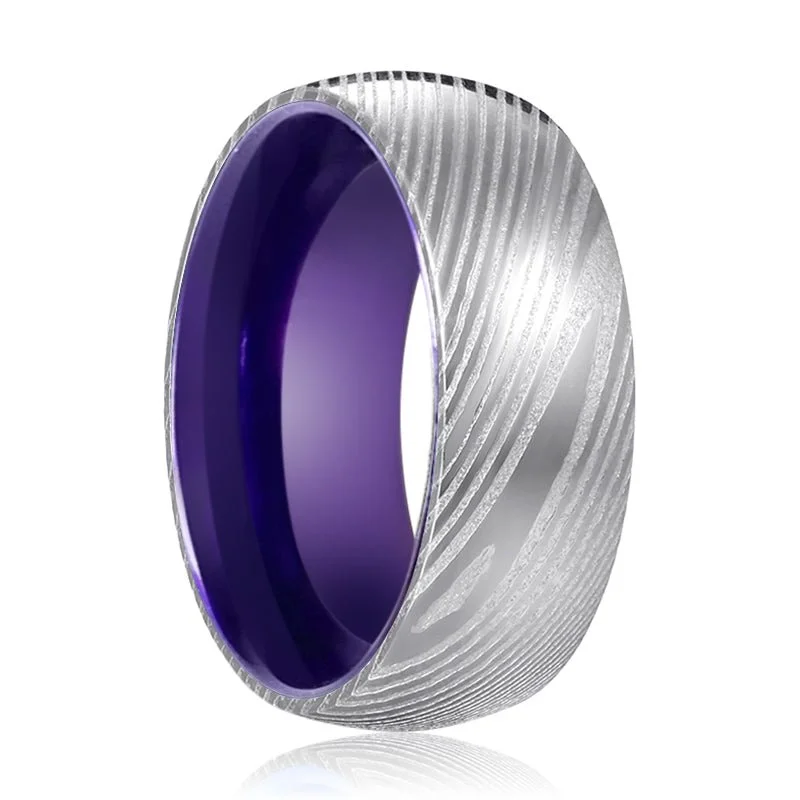 Women’s gemstone ring-VERBENA | Purple Ring, Silver Damascus Steel, Domed