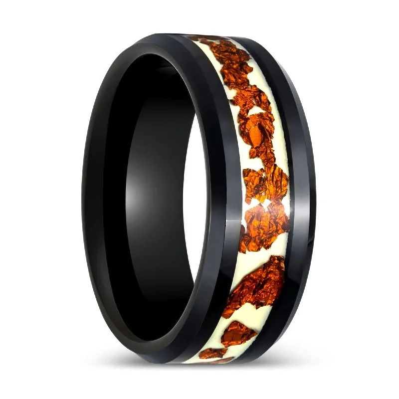 Women’s vintage gold ring-BRONZIUM | Black Tungsten Ring, Copper Scraps Inlay, Beveled