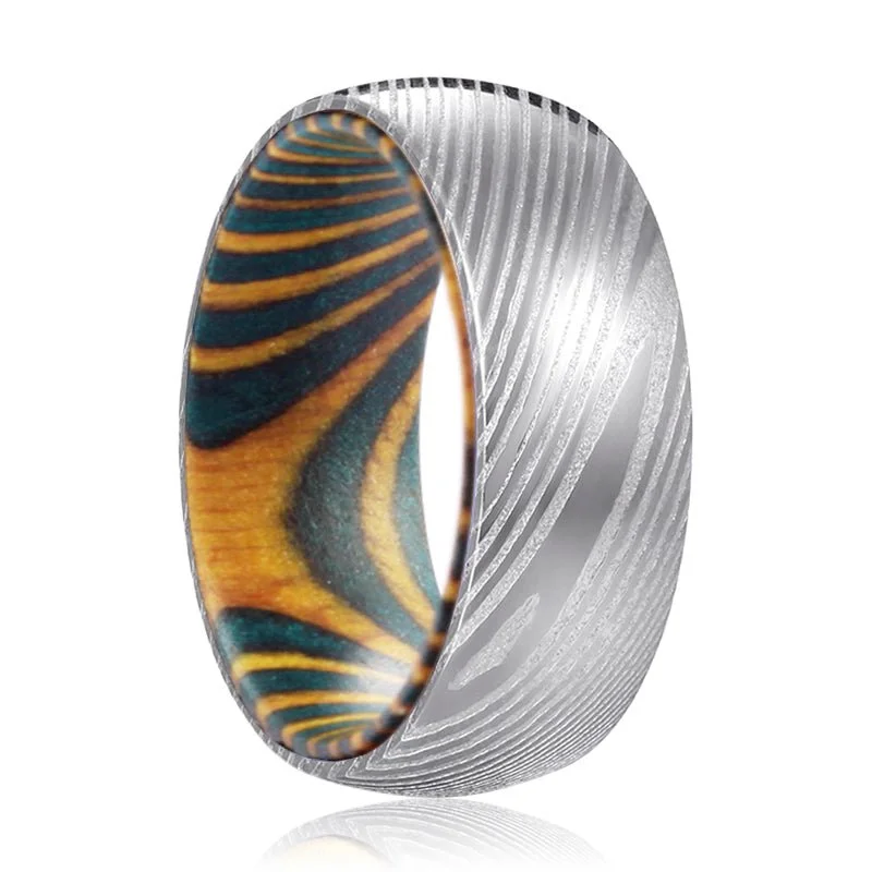 Women’s romantic ring-WEDGE | Green & Yellow Wood, Silver Damascus Steel, Domed