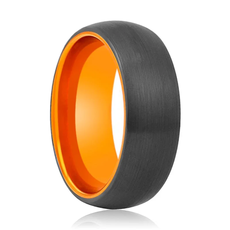 Women’s engagement ring-JAGUAR | Orange Ring, Black Tungsten Ring, Brushed, Domed