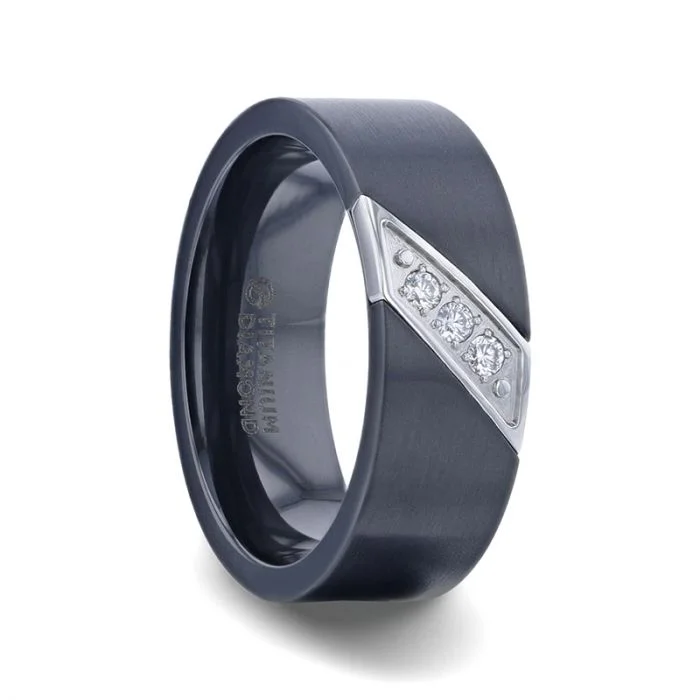 Women’s oval engagement rings-Black Titanium Men's Wedding Band with Diagonal Silver Inlay & Three Diamonds