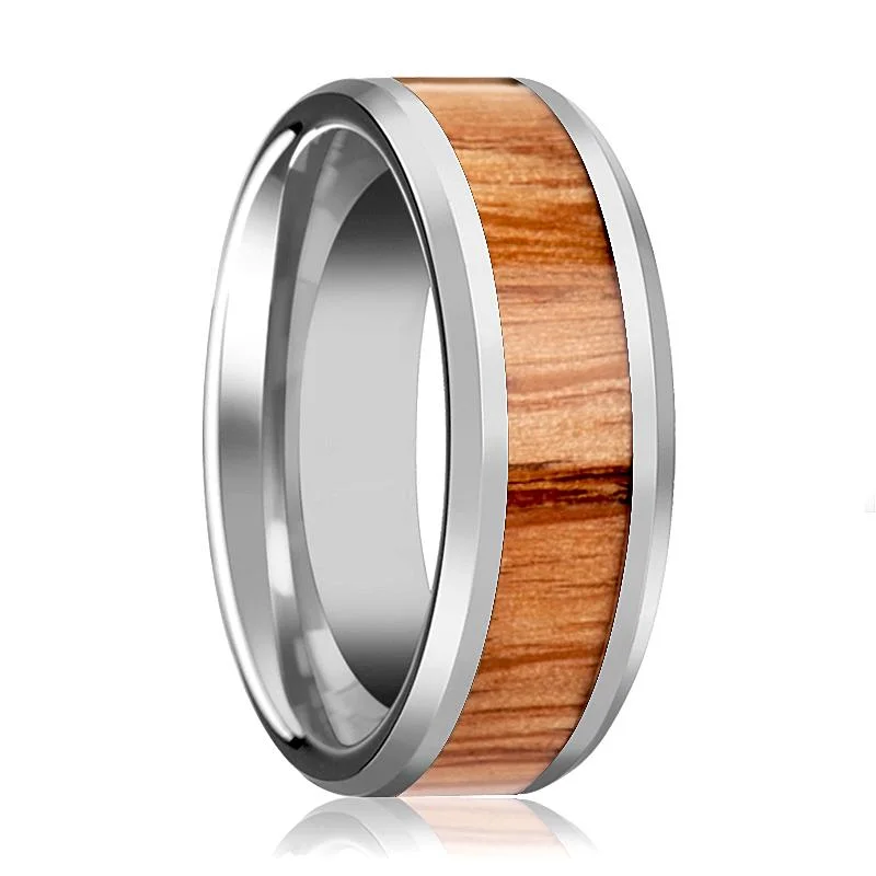 Women’s moonstone gemstone ring-VERMILLION | Silver Tungsten Ring, Red Oak Wood Inlay, Beveled