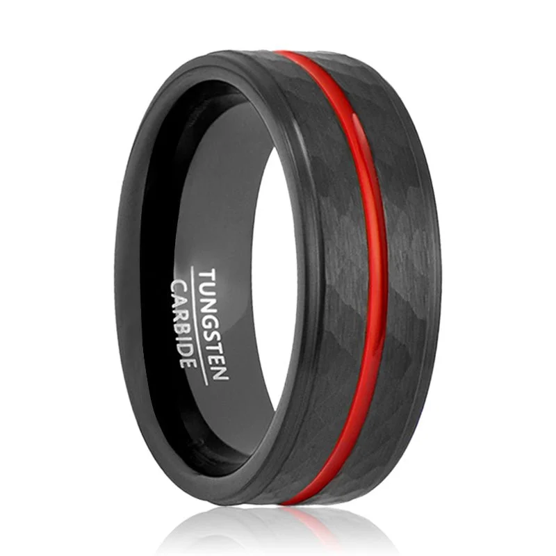 Women’s custom ring-GLADIATOR | Black Tungsten Ring, Hammered, Red Groove, Stepped Edge