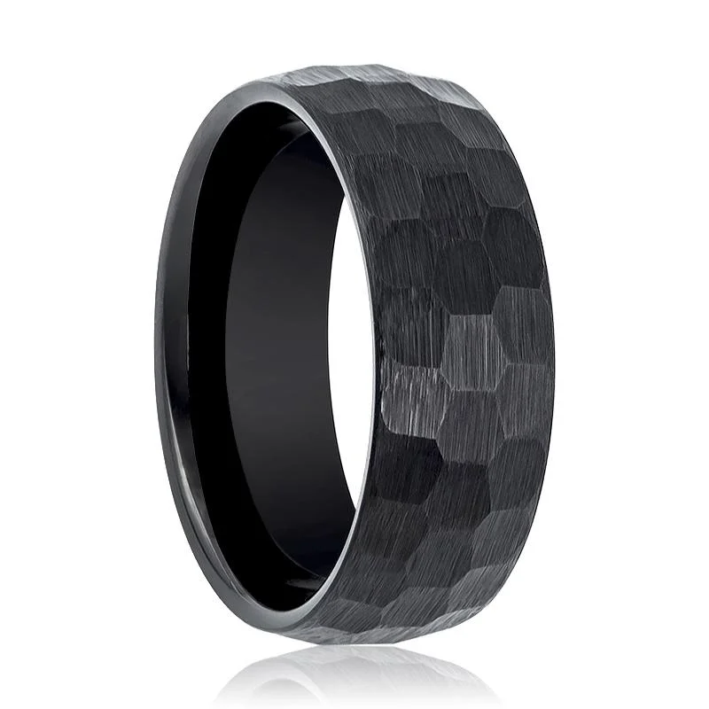 Women’s twisted band ring-BRUTE | Black Tungsten Ring, Hammered Faceted, Domed