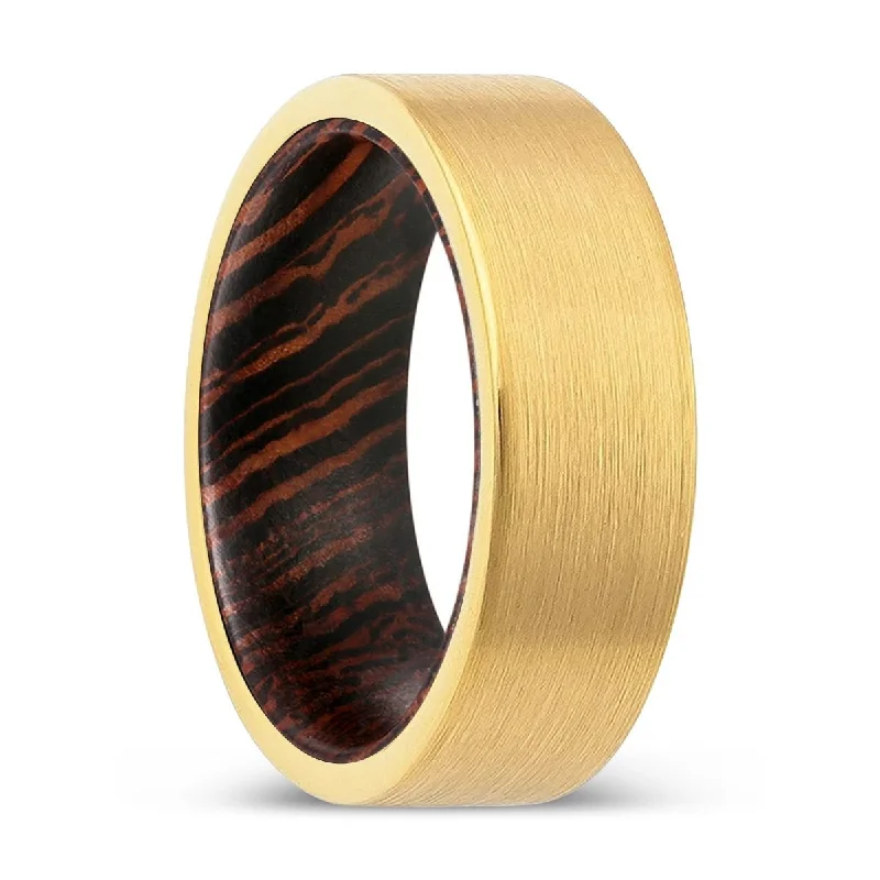 Women’s stackable rings-HAXVILLE | Wenge Wood, Gold Tungsten Ring, Brushed, Flat