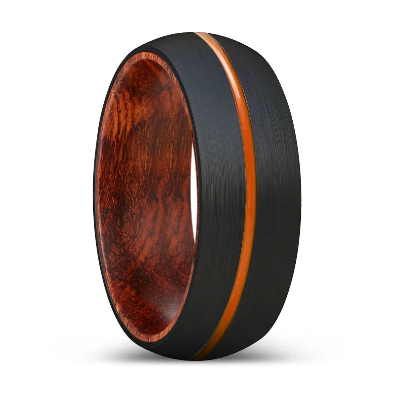 Women’s square-cut ring-VATALITY | Snake Wood, Black Tungsten Ring, Orange Groove, Domed