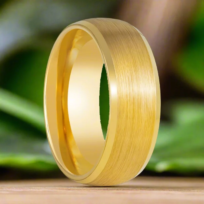 Women’s cocktail ring-RADIANCE | Yellow Tungsten Ring, Yellow Brushed Center, Beveled Edge