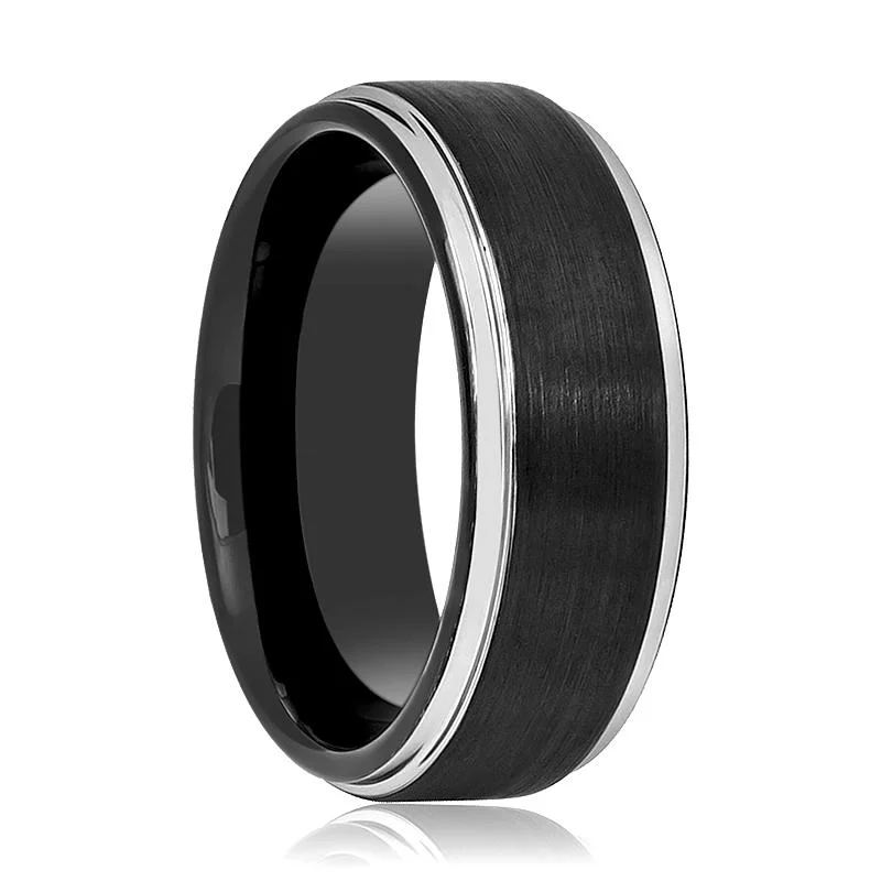 Women’s eternity ring-LIGARIUS | Black Tungsten Ring, Silver Stepped Edge