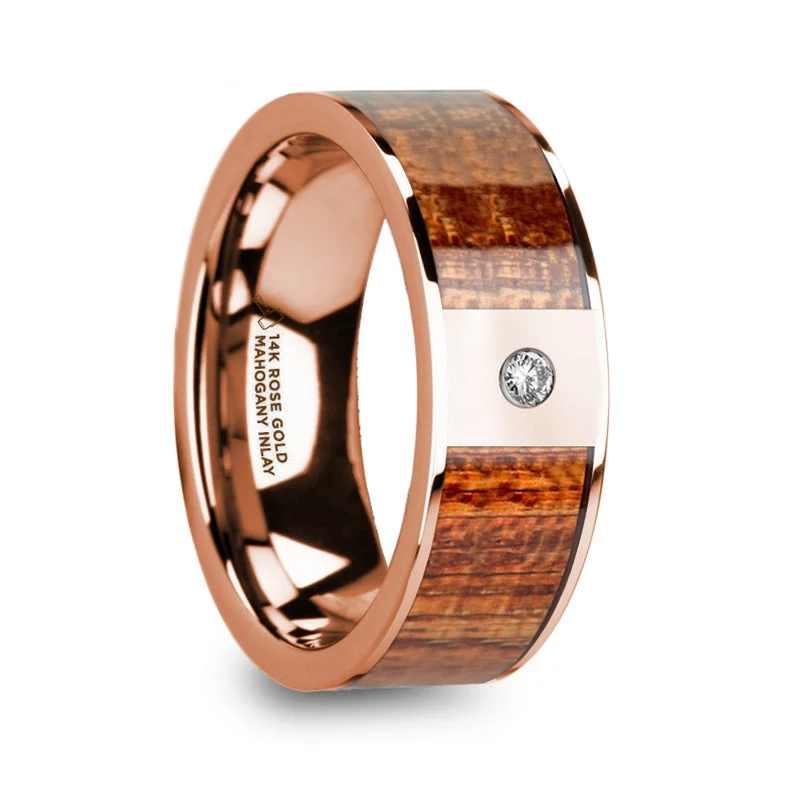 Women’s engagement rings with a vintage look-14k Rose Gold Men's Wedding Band with Mahogany Wood Inlay & Diamond