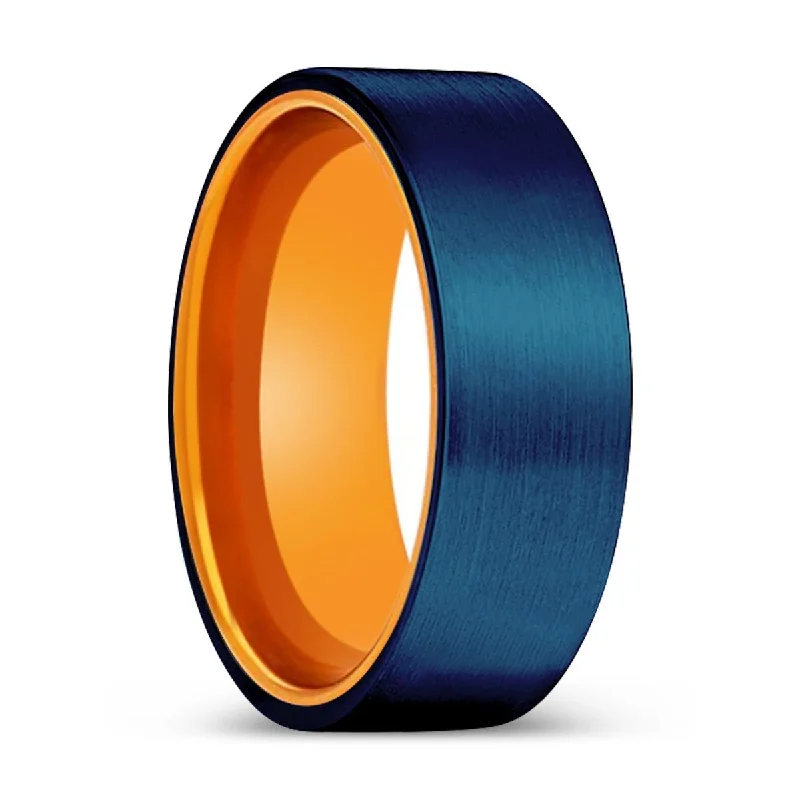 Women’s diamond ring-RYSER | Orange Ring, Blue Tungsten Ring, Brushed, Flat