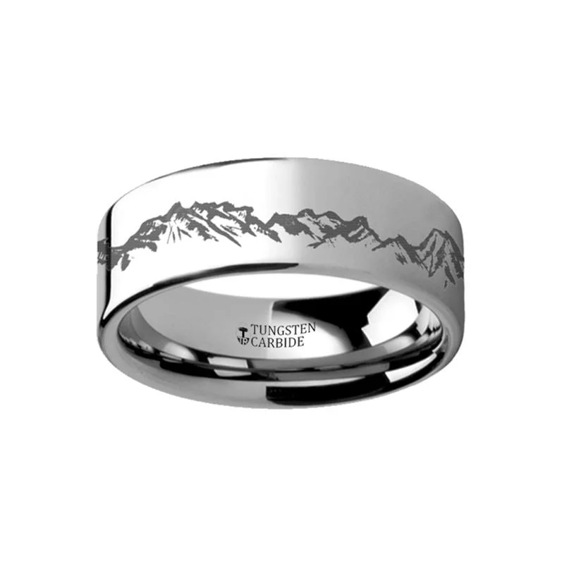 Women’s marquise ring-Peaks Mountain Range Scene Engraved Flat Tungsten Wedding Band for Men and Women - 4MM - 12MM