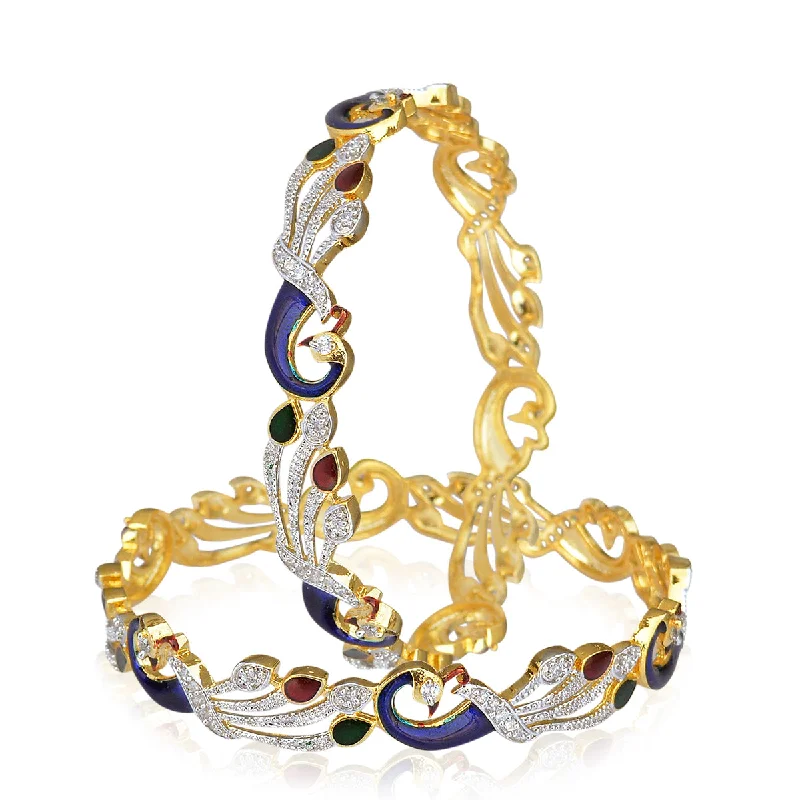 Women’s gold-plated bracelet-Gold-Plated Alloy Enamel Coated Ad Peacock Bangle Set - The Pari