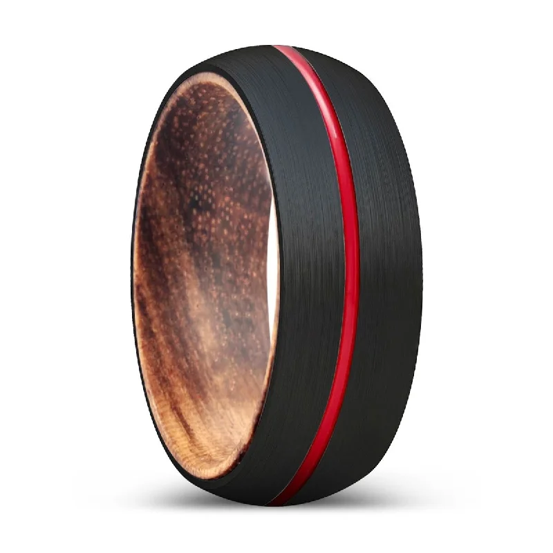 Women’s cushion-cut ring-WEASEL | Zebra Wood, Black Tungsten Ring, Red Groove, Domed