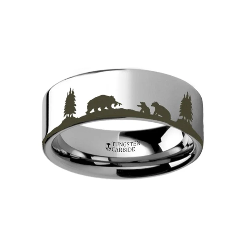 Women’s three-stone ring-Animal Landscape Scene Bears - Bear Cubs Ring Laser Engraved Flat Couple Matching Band