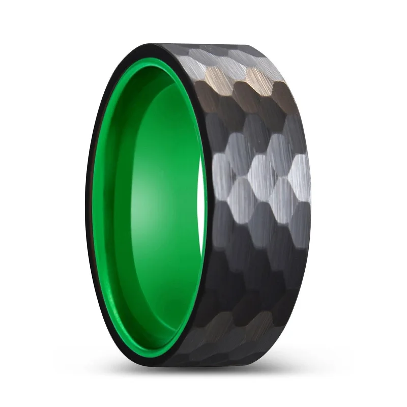 Women’s handcrafted gold ring-DRAGONFLY | Green Ring, Black Tungsten Ring, Hammered, Flat