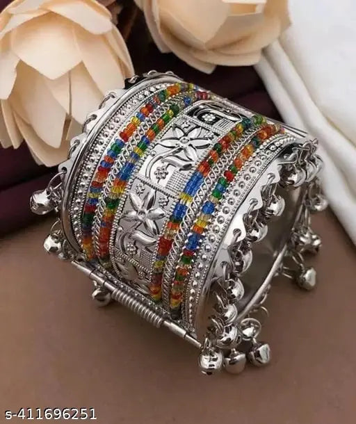 Women’s bangles-Tehzeeb Creations Women's Silver Colour Oxidised Bangle With Multi Colour Pearl