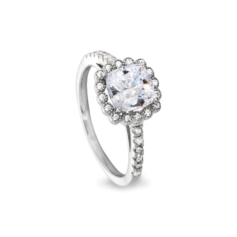 Women’s silver engagement rings-Cushion Cut Ring with 28 Simulated Diamonds