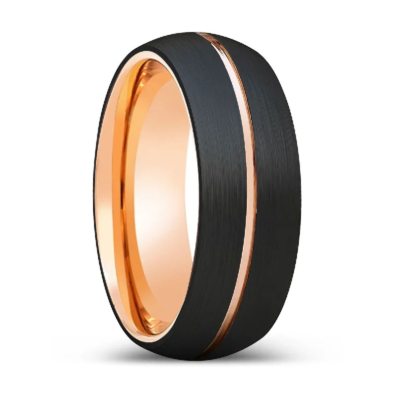 Women’s wedding band-VOGUE | Rose Gold Ring, Black Tungsten Ring, Rose Gold Groove, Domed