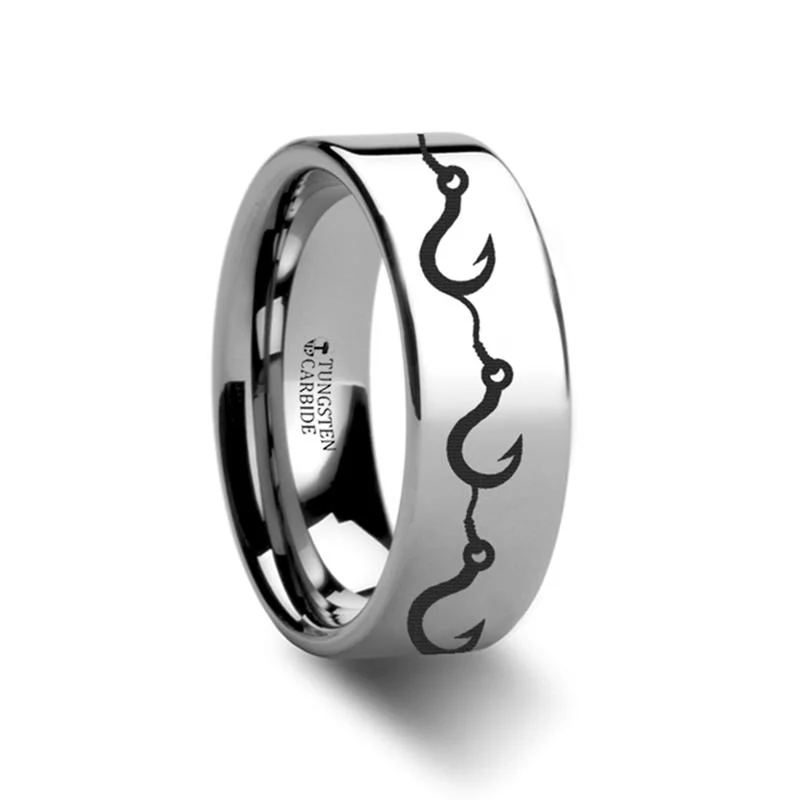 Women’s designer ring-Multiple Fishing Hook Pattern Print Engraved Flat Tungsten Couple Matching Ring - 4MM - 12MM