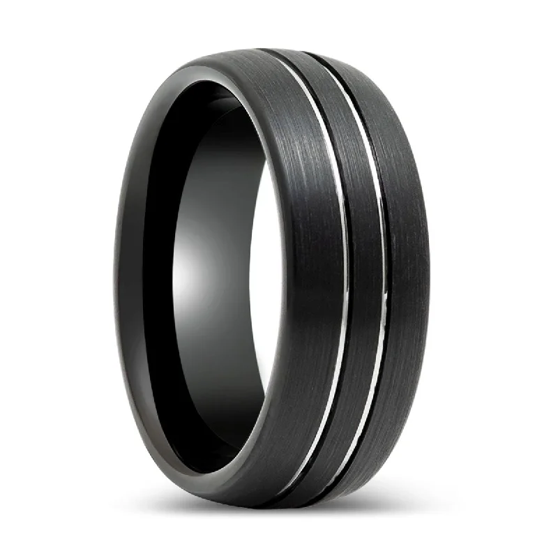 Women’s yellow gold ring-BOSTIN | Black Tungsten Ring with Double Striped Center