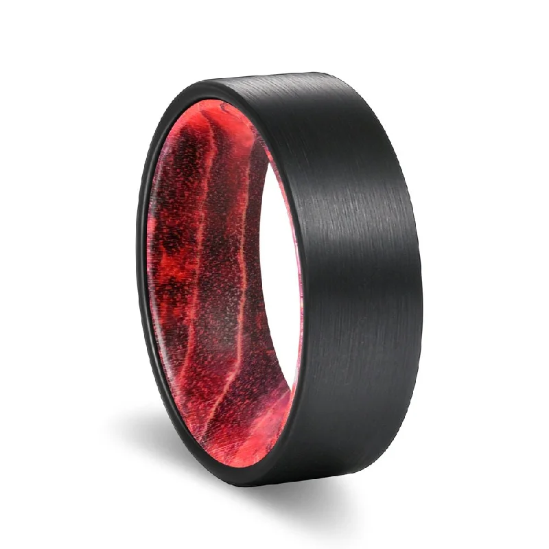 Women’s hand-crafted ring-BARK | Black & Red Wood, Black Flat Brushed Tungsten